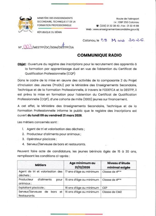 Le Ministère de l'Enseignement technique recrute 1000jeunes pour une formation qualifiante